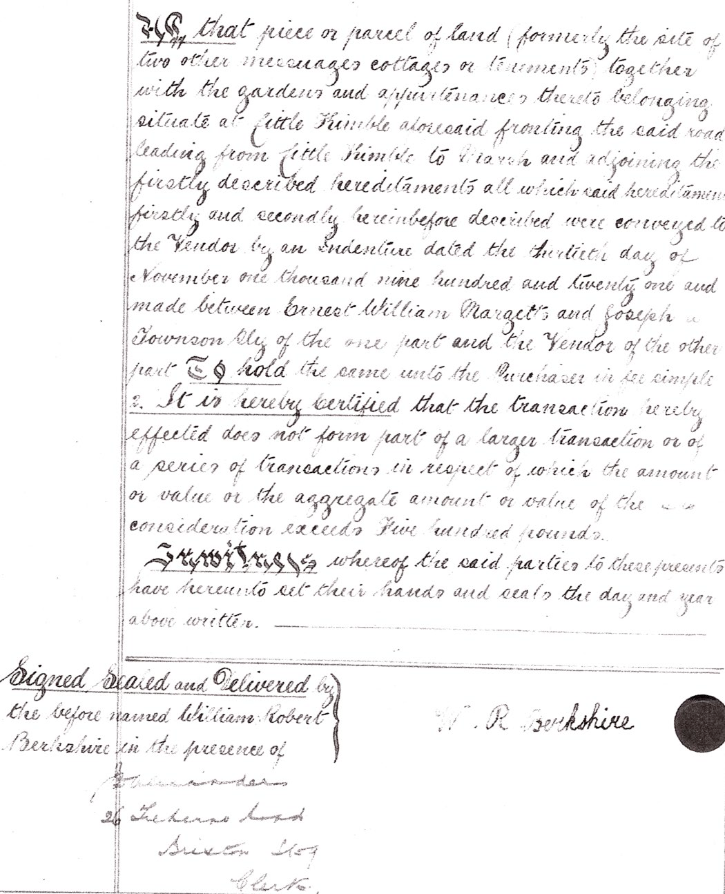 An extract from the handwritten 1921 conveyance document, signed by William Robert Berkshire